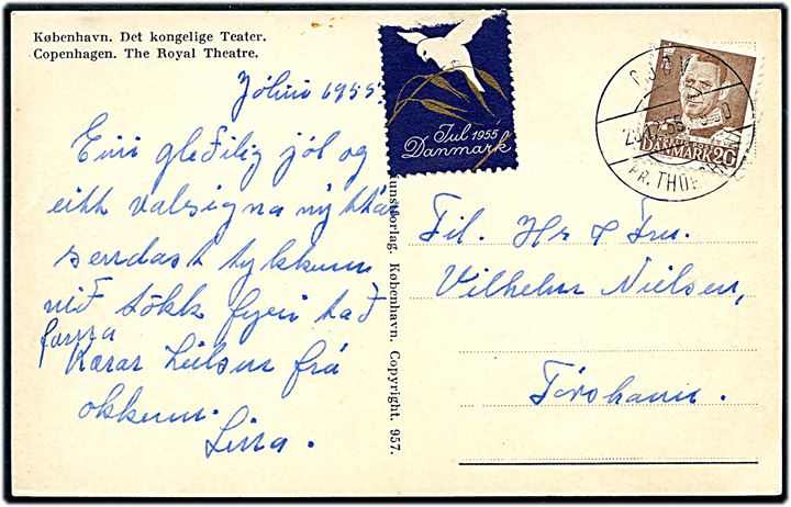 20 øre Fr. IX og Julemærke 1955 på brevkort annulleret med pr.-stempel Gjøv pr. Thorshavn d. 20.12.1955 til Thorshavn.