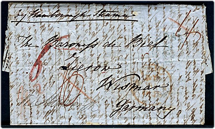 1843. Portobrev med svagt stempel Bath d. 7.6.1843 via Hamburg til Wismar, Tyskland. Påskrevet by Hamburgh Steamer. Mange påtegninger og meget langt indhold.