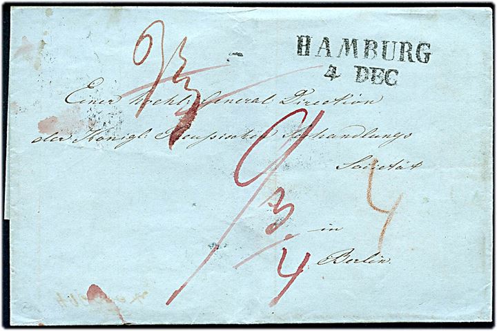 1845. Skibsmanifest dateret Rio de Janeiro d. 4.10.1845 med liniestempel HAMBURG d. 4.12.1845 og på bagsiden del af Schiffs Brief-Post Hamburg d. ?.12.1845 til Berlin. Flere portopåtegninger.