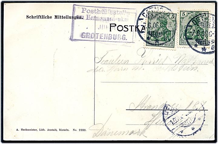 5 pfg. Germania (2) på brevkort (Hermannsdenkmal) stemplet Detmond d. 7.6.1906 og sidestemplet med rammestempel Posthülfsstelle Hermannsdenkm. Grotenburg d. 7.6.1906 til Hellerup, Danmark.