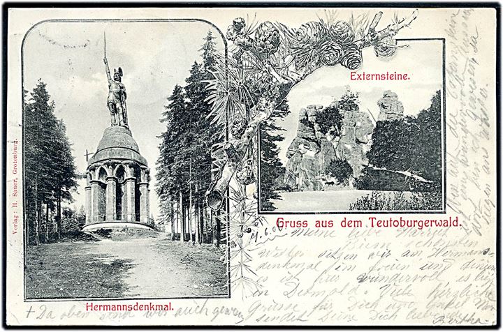 5 pfg. Germania (2) på brevkort (Hermannsdenkmal) stemplet Detmond d. 7.6.1906 og sidestemplet med rammestempel Posthülfsstelle Hermannsdenkm. Grotenburg d. 7.6.1906 til Hellerup, Danmark.