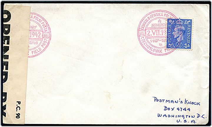 2½d George VI på brev annulleret med rødt særstempel fra de tjekkiske eksilstyrker i England Czechoslovak Field Post d. 2.7.1942 til Washington, USA. Åbnet af britisk censur PC90/3500.