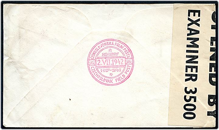 2½d George VI på brev annulleret med rødt særstempel fra de tjekkiske eksilstyrker i England Czechoslovak Field Post d. 2.7.1942 til Washington, USA. Åbnet af britisk censur PC90/3500.