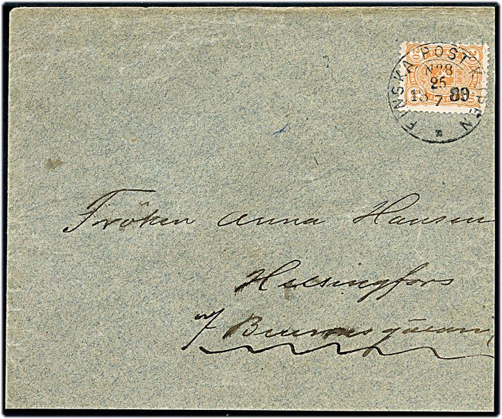 20 pen Våben på brev annulleret med bureaustempel Finska Post Kupen No. 8 d. 25.7.1889 til Helsingfors.