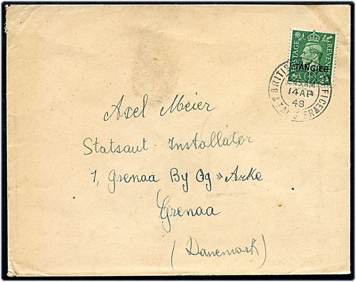 ½d George V Tangier provisorium single på tryksag fra British Post Office Tangier d. 14-4-1948 til Grenaa, Danmark.