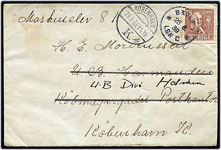 15 öre Linné på brev fra Gävle d. 25.6.1939 til maskinelev ombord på ubåden Havmanden via Købmagergades Postkontor i København - eftersendt til U-B Div. (Ubådsdivisionen) på Holmen.