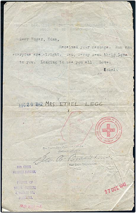 Britisk Røde Kors formular dateret d. 8.6.1942 til St. Peter Port, Guernsey, Channel Islands. Retur med svar dateret d. 20.8.1942. Britisk censur og flere Røde Kors stempler fra bl.a. Geneve.