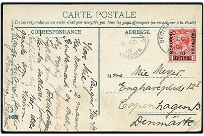 10 centimos/1d George V provisorium på brevkort stemplet British Post Office Tangier d. 8.10.1919 til København, Danmark.