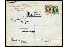 9d og 1 sh. George VI på anbefalet brev påskrevet By air Mail annulleret Registered British P.O. Tangier d. 15.10.1943 til Ilford, England. Uden censur.
