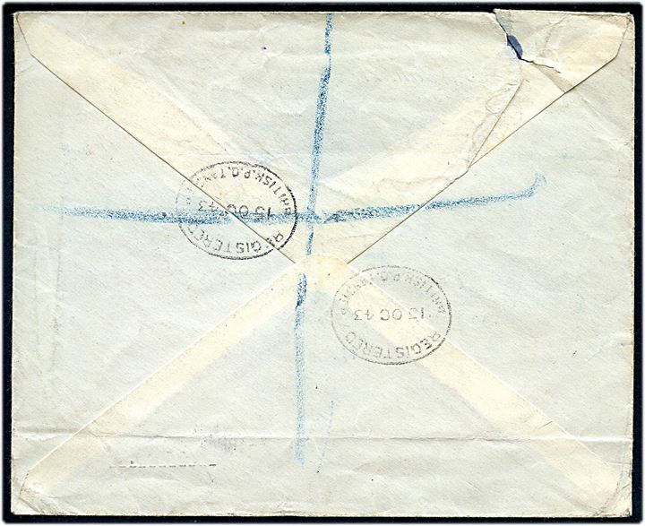 9d og 1 sh. George VI på anbefalet brev påskrevet By air Mail annulleret Registered British P.O. Tangier d. 15.10.1943 til Ilford, England. Uden censur.