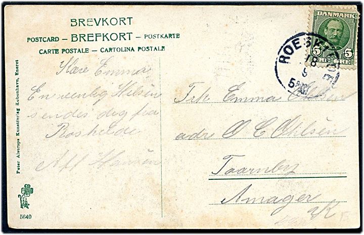 5 øre Fr. VIII yderligt placeret på brevkort (Roskilde, Vejen langs Stranden) annulleret med lapidar reservestempel Roeskilde d. 18.9.190x til Taarnby på Amager. 