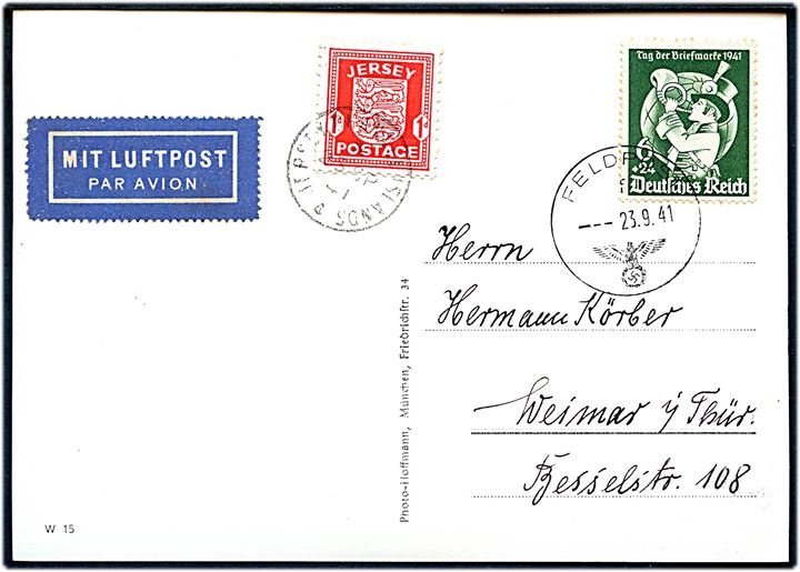 Tysk 6+24 pfg. Velgørenhed stemplet Feldpost d. 23.9.1941 og Jersey 1d Lokal udg. stemplet Jersey Channel Islands d. 23.9.1941 på brevkort (Adolf Hitler i Laon, Frankrig) sendt som luftpost til Weimar, Tyskland.
