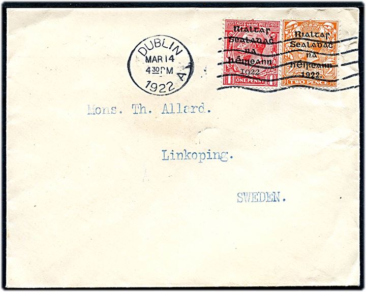 1d og 2d provisorisk regering 1922 overtryk på brev fra Dublin d. 14.3.1922 til Linköping, Sverige.