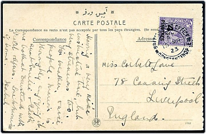 4½ Piastres/3d George V provisorium på brevkort stemplet British Post Office Constantinople d. 15.3.1923 til Liverpool, England.