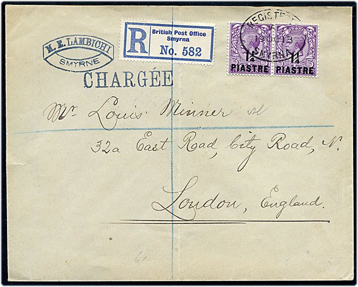 1 1/4 Piastre / 3d George V i parstykke på anbefalet brev stemplet Registered Smyrna d. 19.10.1913 til London, England.