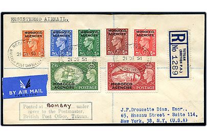 Morocco Agencies George VI udg. på anbefalet luftpostbrev stemplet Registered British Post Office Tetuan d. 21.12.1951 til New York, USA. Interessant rammestempel: Posted at Bombay under cover to the Postmaster British Post Office, Tetuan.