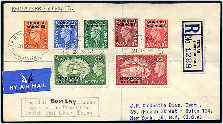 Morocco Agencies George VI udg. på anbefalet luftpostbrev stemplet Registered British Post Office Tetuan d. 21.12.1951 til New York, USA. Interessant rammestempel: Posted at Bombay under cover to the Postmaster British Post Office, Tetuan.