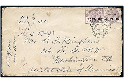 40 Paras/2½d Victoria provisorium (2) på brev stemplet Beyrout British Post Office d. 15.10.1885 til Washington, USA. Ene mærke med slidt takning.
