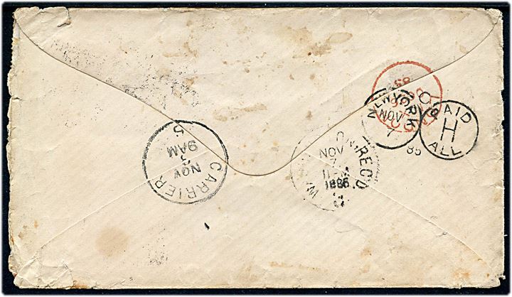 40 Paras/2½d Victoria provisorium (2) på brev stemplet Beyrout British Post Office d. 15.10.1885 til Washington, USA. Ene mærke med slidt takning.