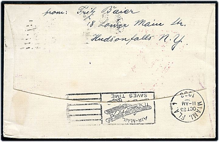 50 cents A Century of Progress Flight Zeppelin udg. i parstykke på brev fra New York d. 4.10.1933 via Miami d. 23.10.1933 til New York. To forskellige Graf Zeppelin flyvningsstempler.