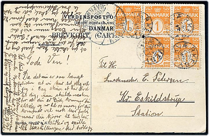 1 øre Bølgelinie (5) på brevkort annulleret med stjernestempel KVÆRKEBY og sidestemplet bureau Kjøbenhavn - Korsør T.52 d. 17.10.1907 til Kr. Eskildstrup.