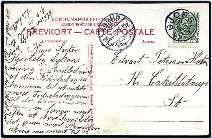 5 øre Fr. VIII på brevkort (Sneslev skole med elever) annulleret med stjernestempel GJØRSLEV og sidestemplet Borup d. 30.7.1909 til K. Eskildstrup.