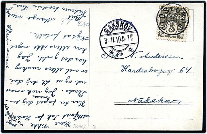 3 øre Bølgelinie på lokalt brevkort annulleret med stjernestempel GLOSLUNDE og sidestemplet Nakskov d. 3.11.1910 til Nakskov.