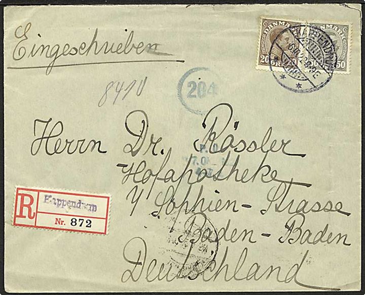 20 øre og 50 øre Chr. X på anbefalet brev fra Kappendrup d. 6.10.1922 til Baden-Baden, Tyskland.
