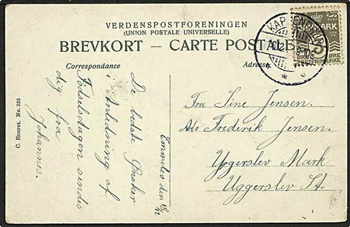 3 øre Bølgelinie single på lokalt brevkort annulleret med brotype Ia stempel Kappendrup d. 18.12.(ca. 1913) til Uggerslev.