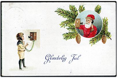 Glædelig Jul. Barn og Julemanden snakker i telefon. S. S. Serie 106. Prægekort. 