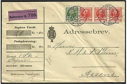 5 øre og 10 øre (3-stribe) Fr. VIII på adressebrev for værdipakke fra Kjøbenhavn IX d. 12.4.1912 til Assens. Påskrevet: Let.