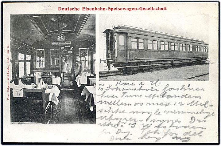 Deutsche Eisenbahn-Speisewagen Gesellschaft spisevogn med interiør. Högelein & Schwabe u/no.