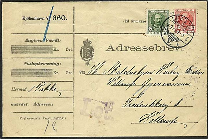 5 øre og 10 øre Fr. VIII på adressebrev fra Kjøbenhavn d. 3.9.1909 til Hellerup. Stemplet Let. Lodret fold.