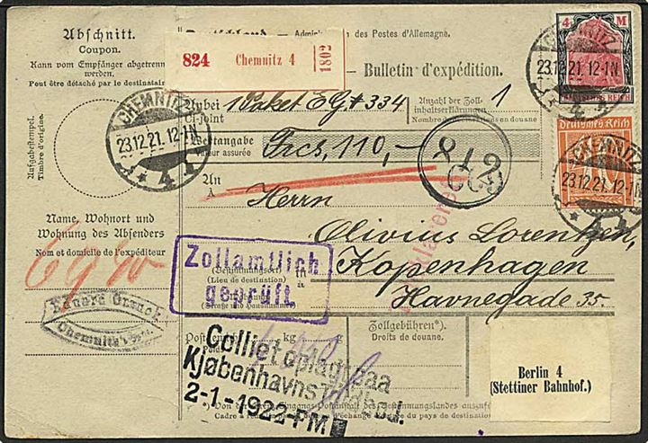 40 pfg. Ciffer, 1 mk., 4 mk. (2) Germania og 20 mk. Plovmand (3-stribe) på for- og bagside af adressekort for pakke fra Chemnitz d. 23.12.1921 til København, Danmark.