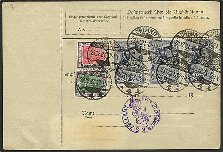 40 pfg. Ciffer, 1 mk., 4 mk. (2) Germania og 20 mk. Plovmand (3-stribe) på for- og bagside af adressekort for pakke fra Chemnitz d. 23.12.1921 til København, Danmark.