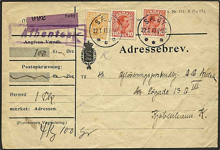 10 øre (2) og 35 øre Chr. X på adressebrev for værdipakke fra Sæby d. 22.7.1918 til København. Fold.