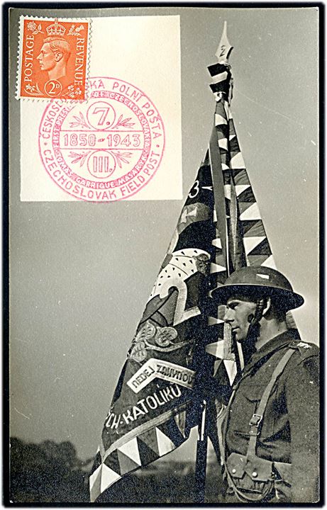 Tjekkiske eksilstyrker i England. Frankeret med engelsk 2d George VI annulleret med 2-sproget Czechoslovak Field Post særstempel 1943. Uadresseret.