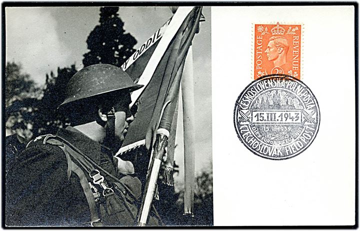 Tjekkiske eksilstyrker i England. Frankeret med engelsk 2d George VI annulleret med 2-sproget Czechoslovak Field Post særstempel 1943. Uadresseret.