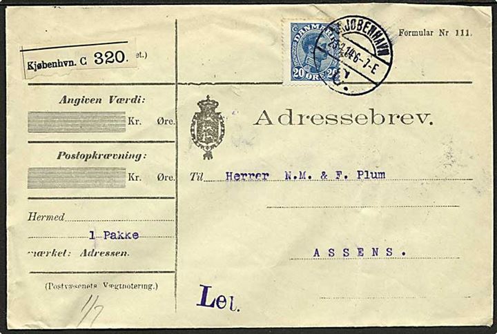 20 øre Chr. X single på adressebrev fra Kjøbenhavn C. d. 23.4.1914 til Assens. Påskrevet Let. 