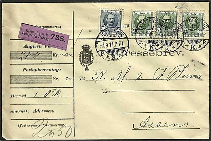 5 øre i 3-stribe og 20 øre Fr. VIII på adressebrev for værdipakke fra Kjøbenhavn d. 1.9.1911 til Assens.