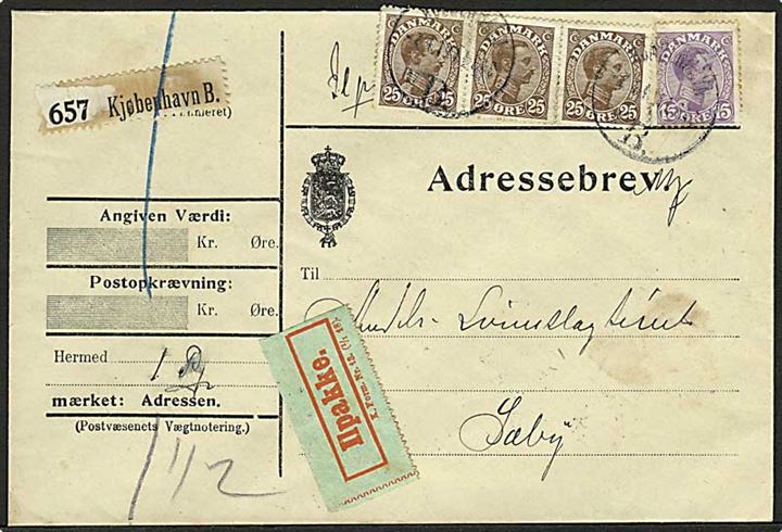 15 øre og 25 øre (3-stribe) Chr. X på adressebrev for ilpakke fra Kjøbenhavn B. d. 7.4.1919 til Sæby.