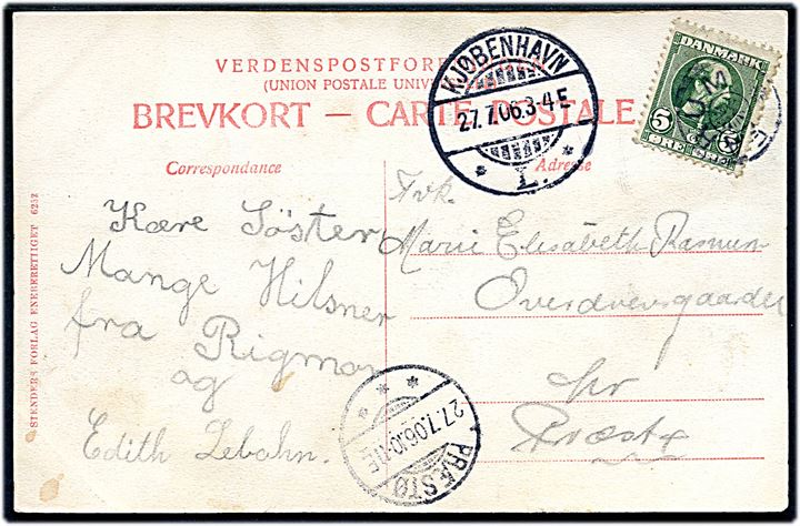5 øre Chr. IX på brevkort annulleret med stjernestempel FARUM og sidestemplet Kjøbenhavn L. d. 27.7.1906 til Præstø.