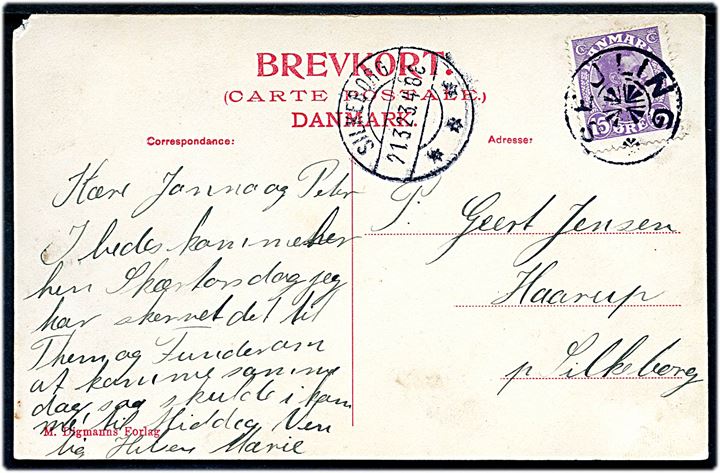 15 øre Chr. X på brevkort (Silkeborg, Sinding Skole) annulleret med stjernestempel SEJLING og sidestemplet Silkeborg d. 21.3.1923 til Haarup pr. Silkeborg. Lille hj. skade.