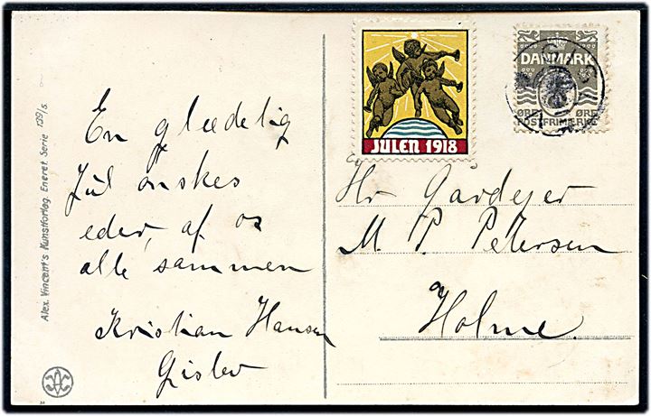 3 øre Bølgelinie og Julemærke 1918 på lokalt julekort (A. Vincent serie 139/5) annulleret med stjernestempel GISLEV til Gislev Holme.
