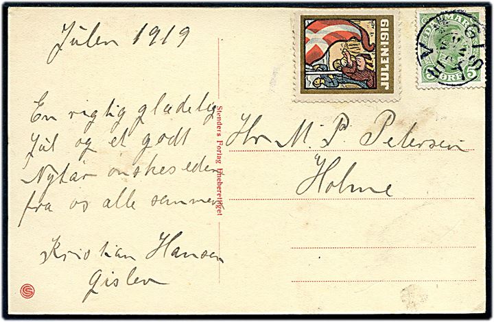 5 øre Chr. X på julekort 1919 annulleret med stjernestempel GISLEV til Gislev Holme.