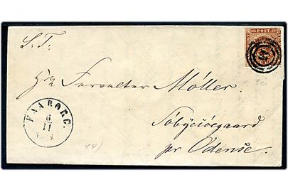 4 R.B.S. Thiele III kastaniebrun tæt klippet på brev annulleret med nr.stempel 15 og sidestemplet antiqua Faaborg d. 6.11.1854 til Søbysøgaard pr. Odense.