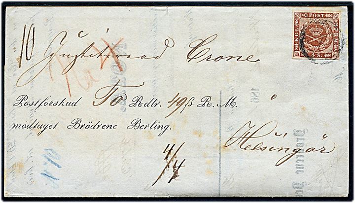 4 sk. 1858 udg. på brev med postforskud annulleret med svagt nr.stempel 1 til Helsingør. På bagsiden ank.stemplet lapidar Helsingør d. 16.5.1861.