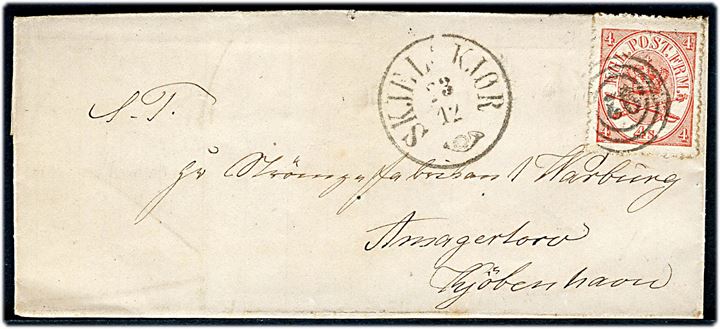 4 sk. Krone/Scepter på brev med indhold dateret på herregaarden Basnæs annulleret med nr.stempel 92 og sidestemplet antiqua Skjeskjør d. 23.12.1866 til Kjøbenhavn. 