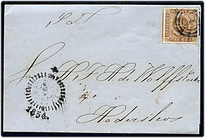 4 R.B.S. Thiele III på brev annulleret med nr.stempel 1 og sidestemplet svagt kompasstempel i Kjøbenhavn 1854 til Haderslev. 
