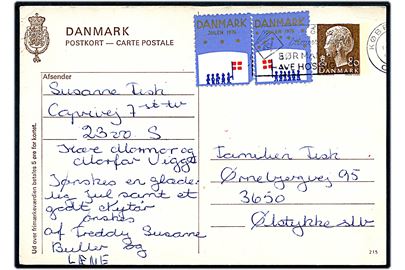 80 øre Margrethe helsagsbrevkort (fabr. 215) med Julemærke 1976 (2) fra København 1976 til Ølstykke. Begge julemærker med skader. 